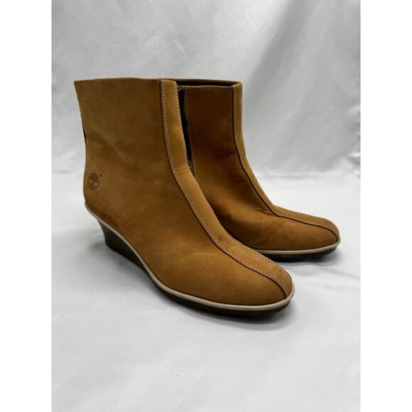 Timberland Wedge Boots Womens Tan Suede Zipper 2.5" Heel Pull On Shoe Sz US 8.5 - Picture 1 of 10
